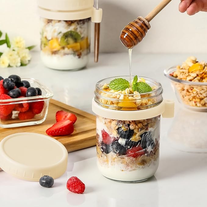 4 Pack Overnight Oats Containers with Lids and Spoons, Fruit-Beige