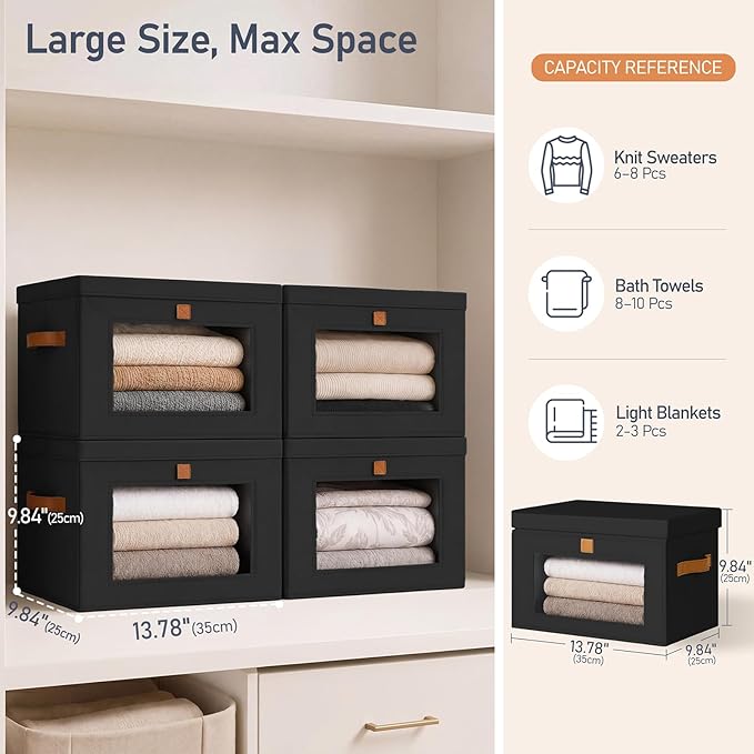 DIMJ Storage Bins with Lids - 6 Pack Front Opening Stackable Fabric Storage Boxes with Clear Window & Handles, Collapsible Closet Organizers for Clothes, Sweaters, Shelf Storage, Bedroom, Black