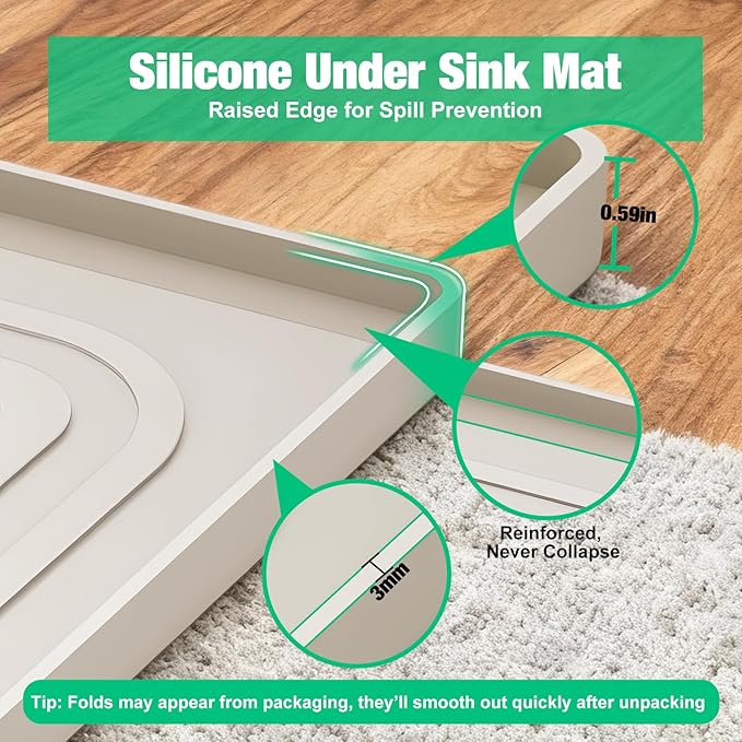 Aisslro Under Sink Mat 22" X 19", Waterproof Silicone Cabinet Organizer Protector with Raised Edge, Kitchen & Bathroom Leak Tray, Shelf Liner & Pet Feeding Mat for Dog Cat Food Mats, Beige