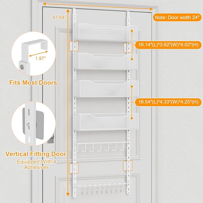 Over the Door Organizer, 2 in 1 Metal Hanging Closet Organizer & Hat Rack with 4 Adjustable Baskets, 8 Hooks, 10 Clips, Behind The Door Storage for Bedroom, Bathroom, Entrance, Closet, Kitchen, White