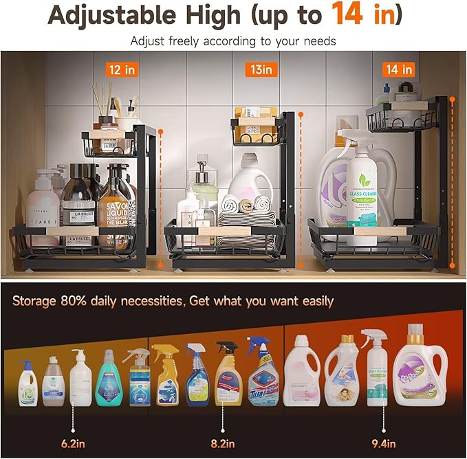 Sevenblue 2 Packs Under Sink Organizer, Height Adjustable 2 Tier Under Kitchen Sink Organizer, Multi-Purpose Storage Shelf for Kitchen Bathroom Cabinet