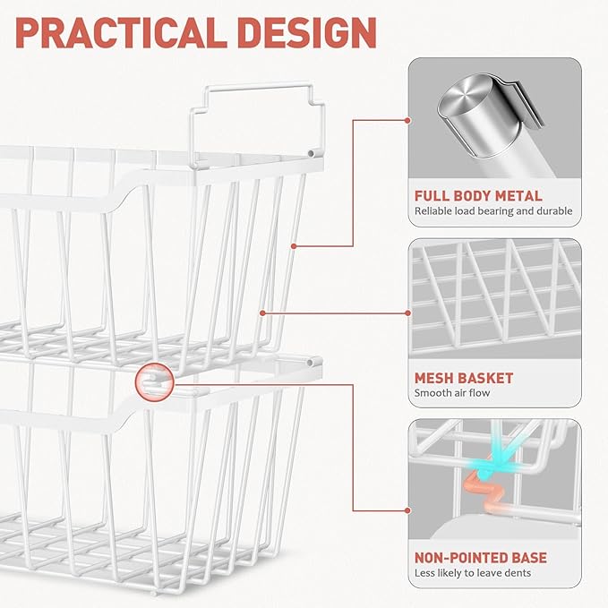 Goovilla Freezer Organizer Bins with Foldable Handle, 4 Pack Stackable Freezer Baskets for 3.5-7 Cu.FT Deep Chest Freezer Organization, White Metal Freezer Storage Bins with Better Space Utilization