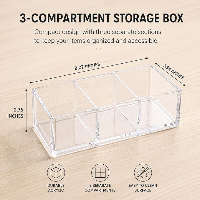 2-Layer Clear Acrylic Vanity Organizer with Adjustable Dividers, Stackable 3-Compartment Storage Box for Makeup, Hair Accessories, Skincare, Bathroom, Desk - 8.07" x 3.94" x 2.76"