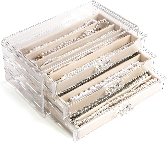 CLUQMEIK Necklace Organizer Box with Clear Lid, Dustproof Velvet Jewelry Holder Storage Display Case, Stackable Acrylic Necklace Tray Drawer Insert for Women and Girls (Beige,3 Drawers)