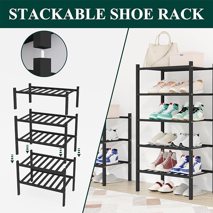 Smiry Small Bamboo Shoe Rack, 6 Tier Free Standing Wooden Shoe Organizer, Stackable Wood Shoe Storage Shelf for Closet, Entryway, 12 Vertical Slats, 2+2+2 Stack Standard Legs, 17.3"x11"x39", Black