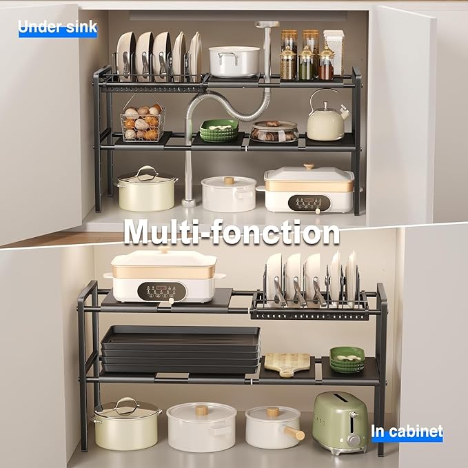Pots and Pans Organizer Under Cabinet, 6panels,1 Pot rack, Black