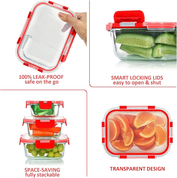 KOMUEE 24 Pieces Glass Food Storage Containers Set, Meal Prep Containers, BPA-Free Airtight Glass Storage Containers with lids, Freezer, Microwave and Oven Safe, Red