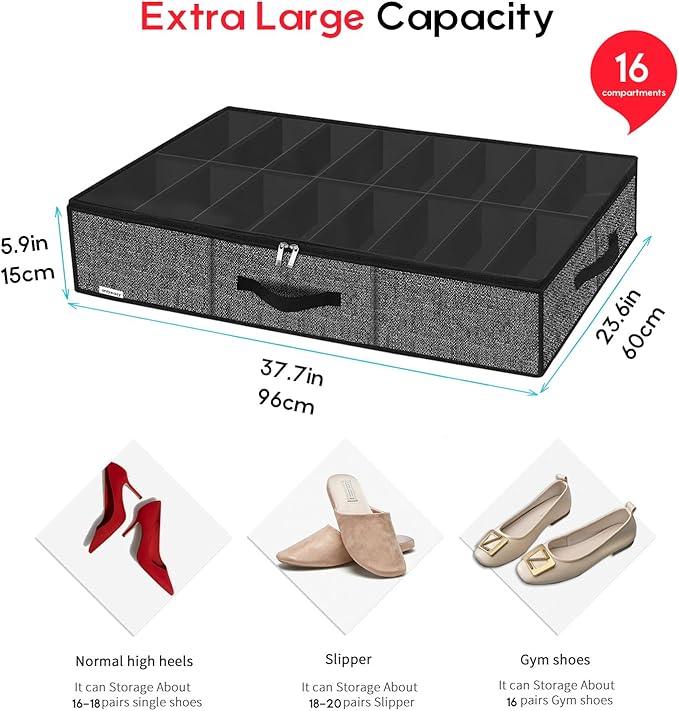 Sturdy Under Bed Shoe Storage Solution Organizer For Closet Fit 16x2 Pairs