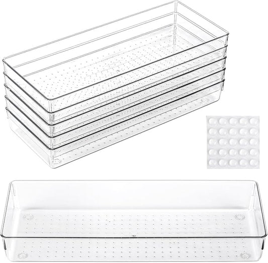 6 Pcs Large Clear Plastic Drawer Organizers Tray 15" x 6.3" Storage Bins with 25