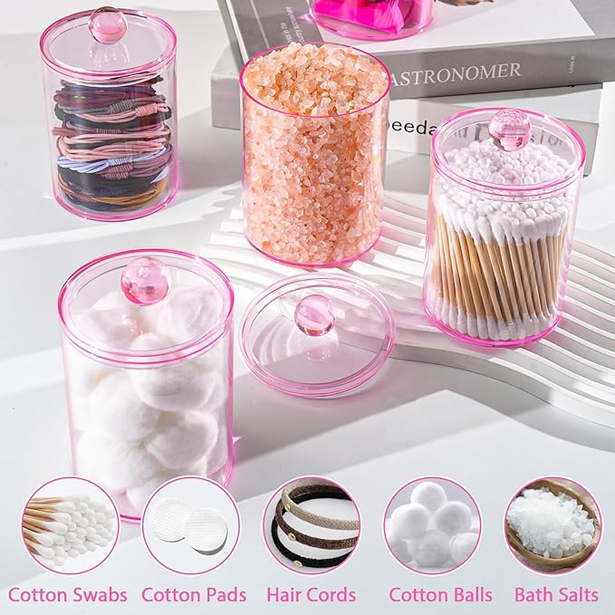 XIPENGKEJI 4 Pack Qtip Holder,Canister Apothecary Jar Set, Bathroom Jars with Lids Set for Cotton Swabs, Balls, Pads, Floss Picks,10oz-12oz Plastic Canisters Restroom Bedroom Vanity Organizer(Pink)