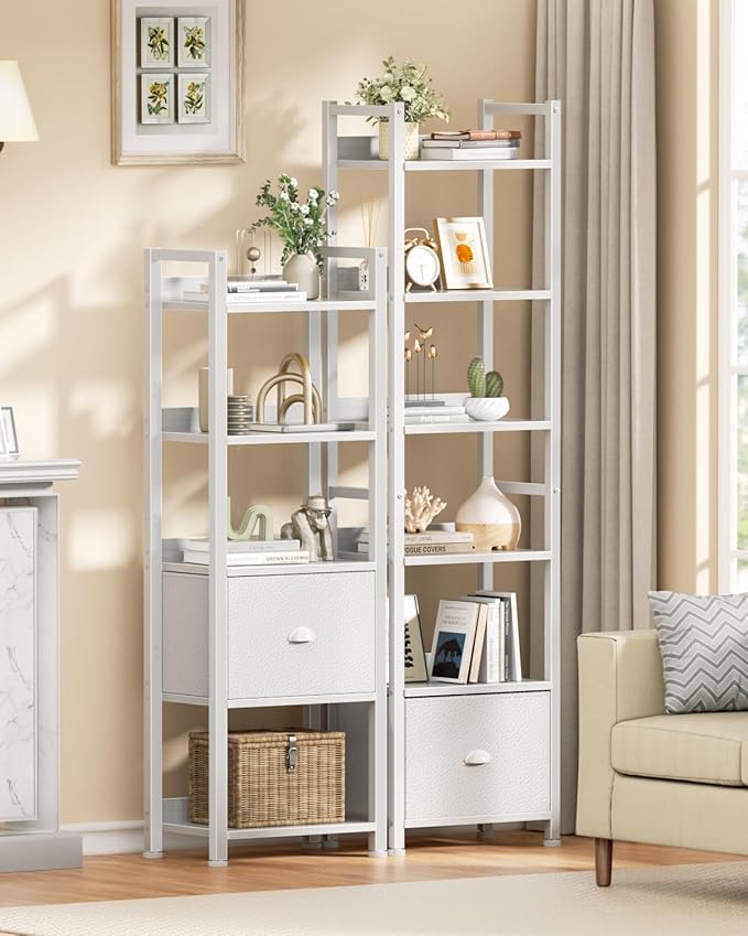 6 Tier Bookshelf, Tall Shelf with Drawer, White