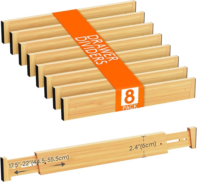 2.4" High 8 Pack Bamboo Drawer Dividers 45-55cm/17.5-22" Adjustable Wooden