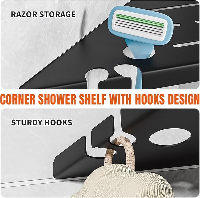 Permanent Grout-in Corner Shower Shelves with Hooks