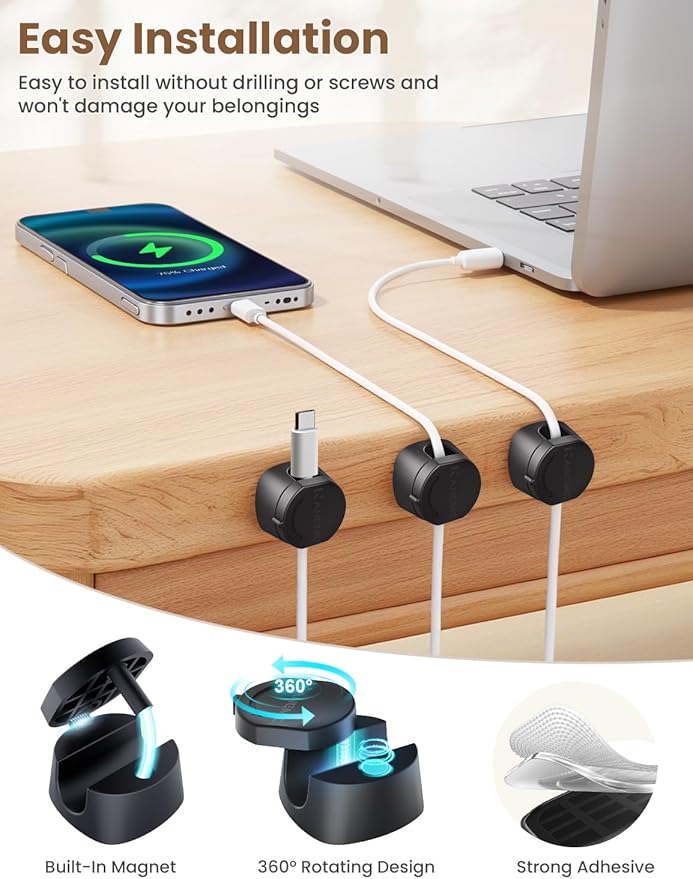 Kanemc Cable Clips Cord Holder for Desk, 360° Spin Magnetic Wire Organizer Self Adhesive Cord Management for Office Desks Cars Home Kitchen Electronic Accessory (Black, 6 PCS)