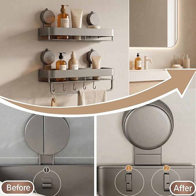 Wide Aluminum Suction Cup Shower Caddy(2-Pack Gray),Shower Shelves for Bathroom Wall,Wall Mounted Bathroom Shelves with Towel Bar & Hooks