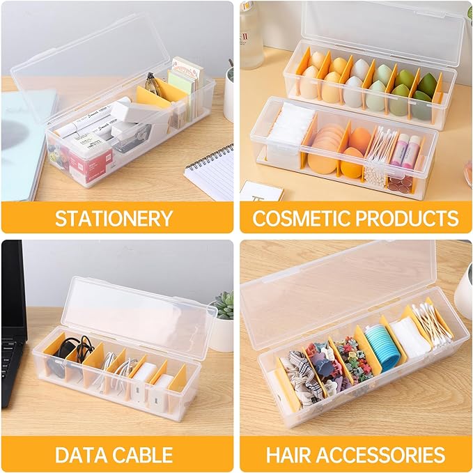 PAVSTINE Clear Cable Organizer Box with Lid, Plastic Charger Cable Cord Storage Organizer, Office Desk Organizers, Multifunctional Accessories Storage for Home Drawer Office, Stackable, Clear