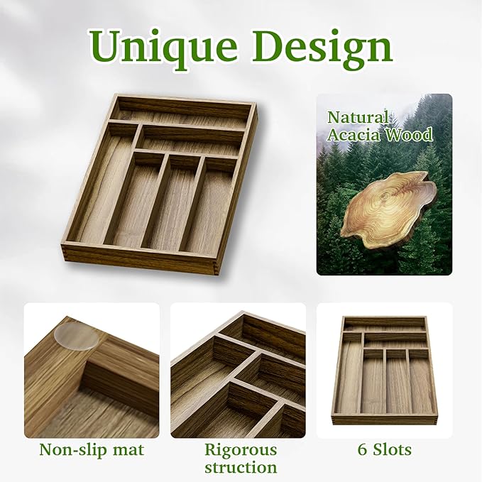 Kiasthome Acacia Wood Silverware Drawer Organizer, 6 Slots