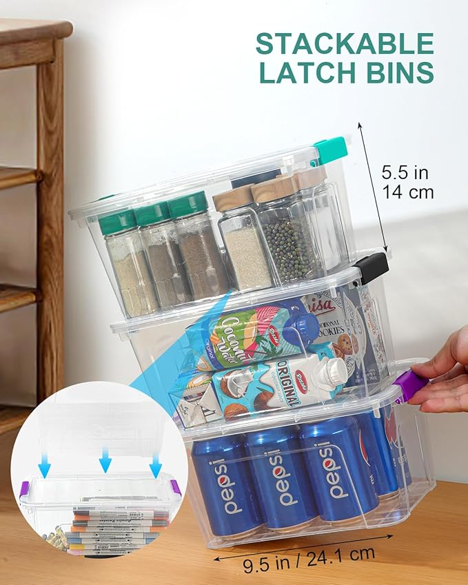 Storage Bins with Lids 6 Pack Clear Storage Containers, 7 Quart Stackable Plastic Containers with Secure Black Buckle Latch, Durable Storage Box Organizer for Pantry, Closet, Office & Classroom