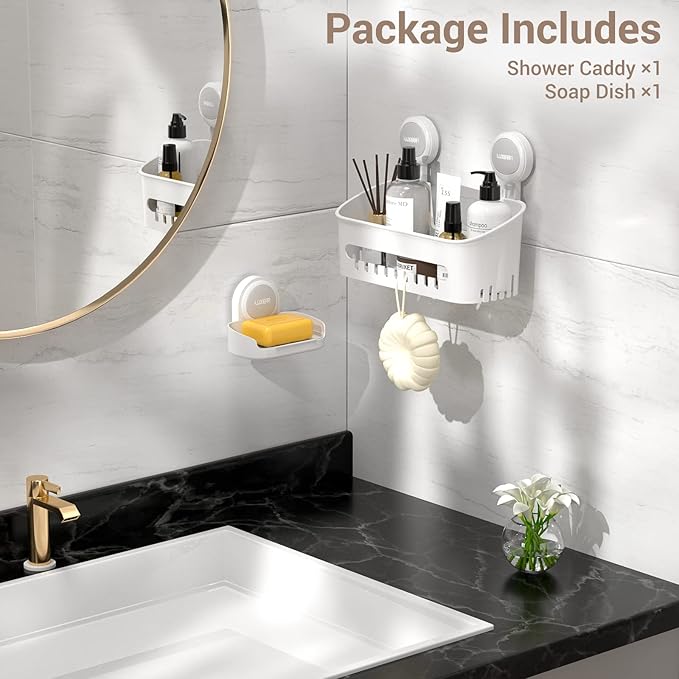 LUXEAR Shower Caddy Suction Cup 2 Pack Suction Shower Basket + Soap Dish Holder NO-Drilling Removable One Second Installation Shower Organizer Powerful Waterproof Bathroom Caddy Storage