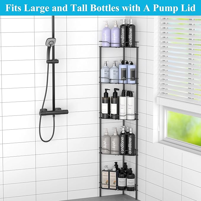 HuggieGems 5 Tier Floor Standing Corner Shower Caddy Organizer Shelf with Hooks, Bathroom Shelves Stand Rack, Black