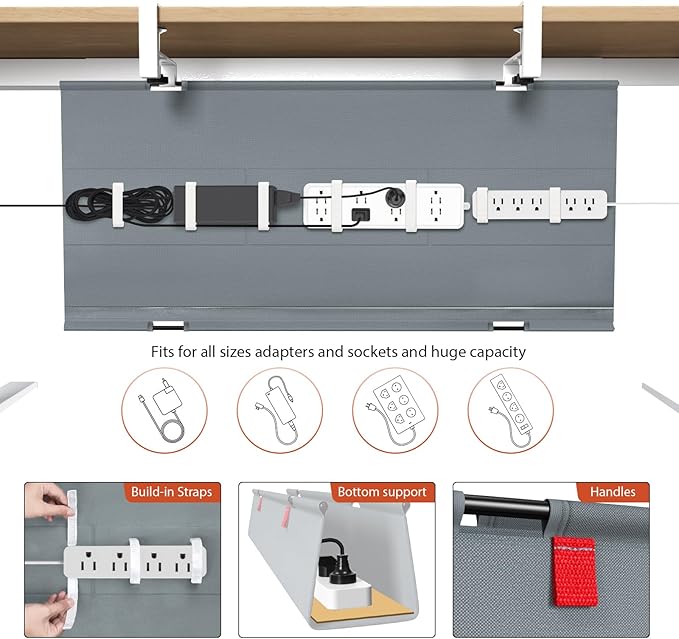 Univivi No Drill Under Desk Cable Management Tray, 36" Cord Organizer for Table, Clamp/Screw Mount Desk Cable Management, Premium Fabric Cable Management Tray for Office, Home