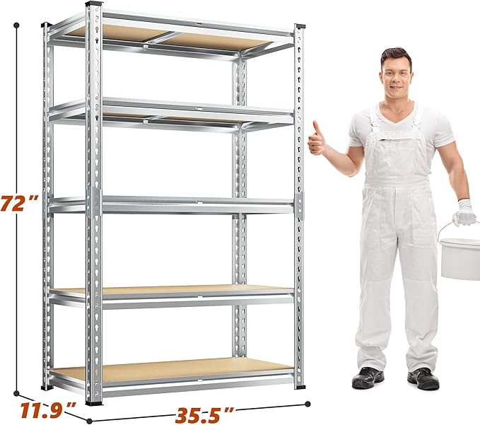 REIBII Garage Shelving, 5 Tier Storage Shelves Load 2400LBS, Adjustable Garage Shelving Heavy Duty, Metal Shelving Unit with Waterproof Columns, 35.5" W x 11.9" D x 72" H, Galvanized, 4 Pack