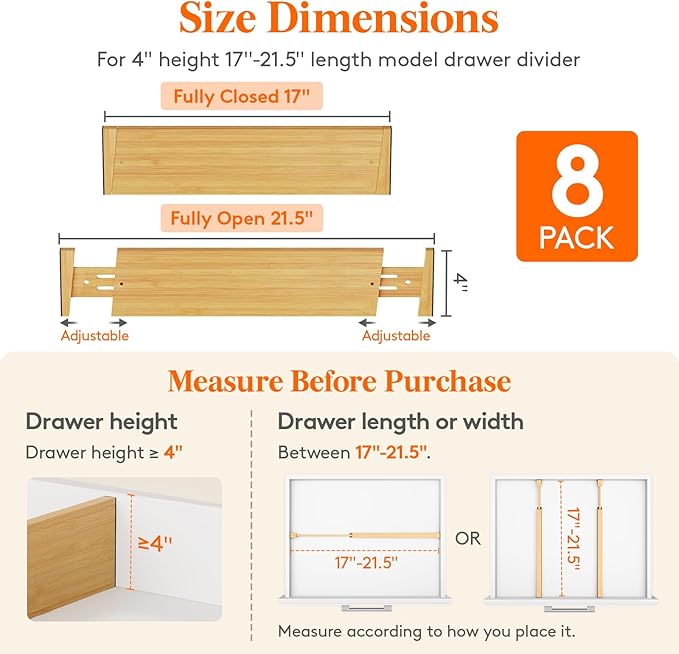 4" High 8 Pack Bamboo Drawer Dividers 43-54cm/17-21.5" Adjustable Wooden Drawer