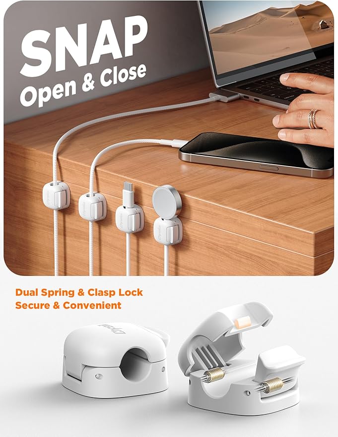 6Pack Cord Organizer, Chfeila Compact Dual Spring & Clasp Lock Cable Management Clips, Adhesive Phone Charger Keeper, Cord Holder for Nightstand/Wall/Car, Home Office Desk Accessories Cute Dorm Decor