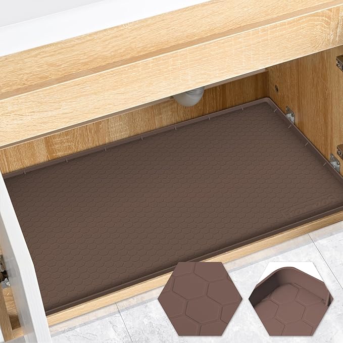 Waterproof Under Sink Mat 22" x 19", Silicone Cabinet Liner, Rubber Protector for Kitchen and Bathroom, Keeps Cabinets Clean, Dry, and Organized (Brown)
