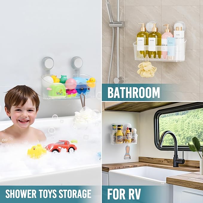 Shower Caddy Suction Cup 2 Pack, Heavy Duty Bathroom Organizer, Frosted Clear
