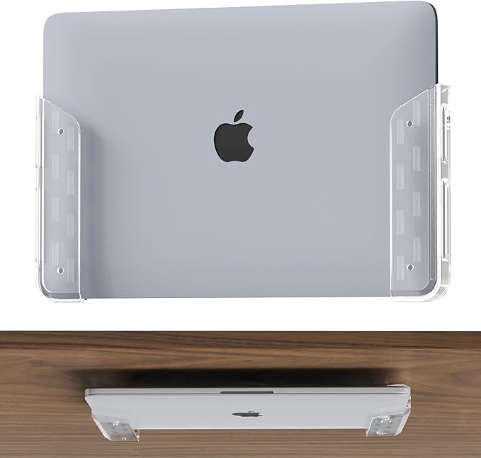 ELETIUO Clear Wall & Under Desk Laptop Mount Holder–Adhesive & Screw in,1.02"/ 26 mm,Anti-Scratch Pads,Universal for MacBooks,Surface,Keyboards,Tablets,Switch &More