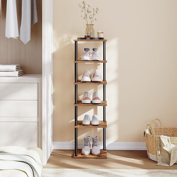 HOOBRO Vertical Shoe Rack, 6-Tier Narrow Shoe Shelf, Shoe Storage Organizer for Small Space, 11" L x 11" W x 39.5" H, Closet, Entryway, Hallway, Bedroom, Rustic Brown and Black BF21XJ01