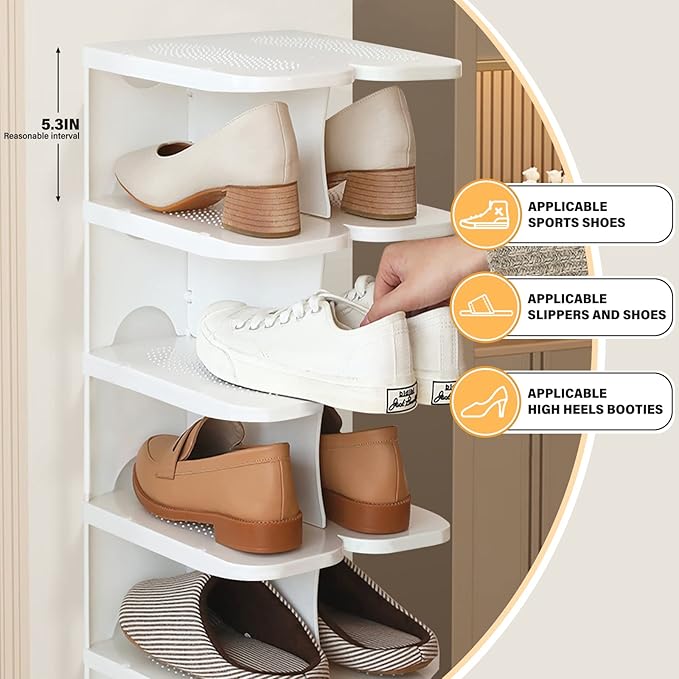 6-Tier Narrow Shoe Organizer, Adjustable Cubby Shoe Rack for Closet, Free Standing Shoe Slot Tower for Entrance, Stackable Space-Saving Shoe Storage Shelf for Entryway, White