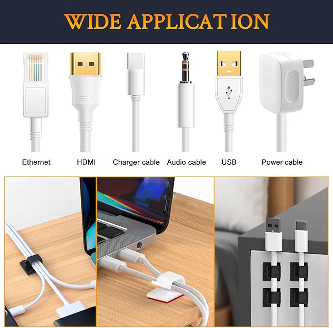 SOULWIT 50 Pcs Self Adhesive Cable Management Clips, Cable Organizers Sticky Wire Clips Cord Holder for TV PC Laptop Ethernet Cable Desktop Home Office (White)