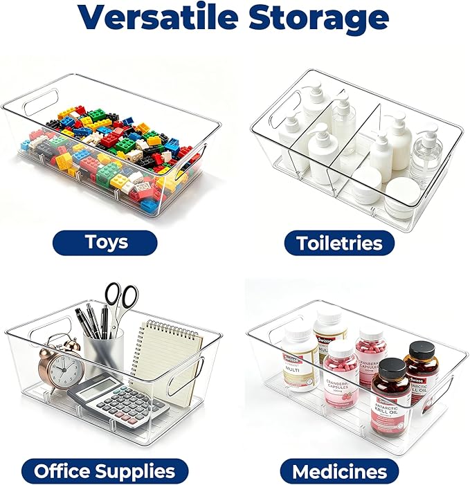 4 Pack Pantry Organizers and Storage, Food Storage Containers with 3 Removable Divider for Kitchen, Fridge, Cabinet Organization, Clear Plastic Storage Bins for Snacks, Spice Packets, Packets, Pouches