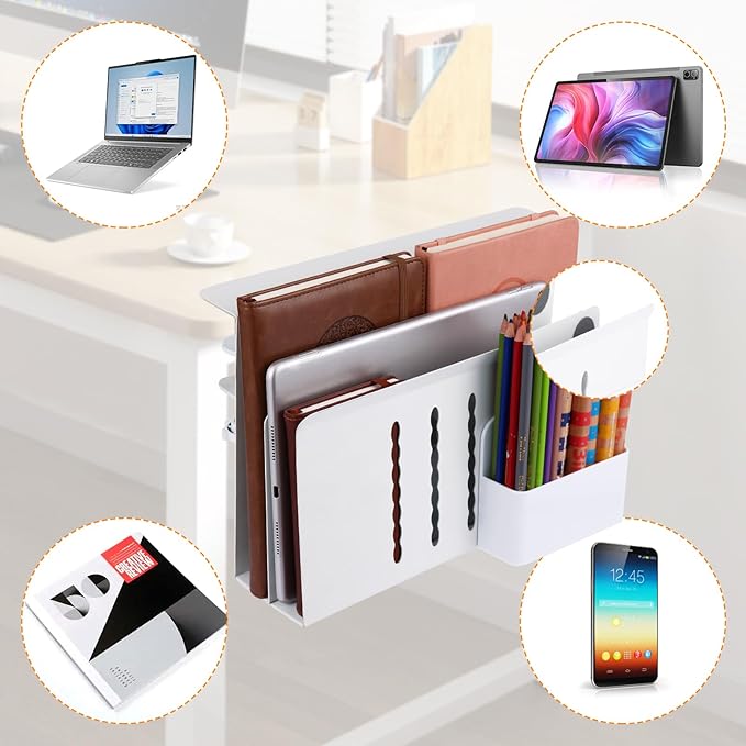 Desk Side Storage, 2 Tier Steel Hanging Organizer, No Drill Side Desk Organizer, Laptop Holder, with Pen Holder, For Office Supplies & Studio Essentials