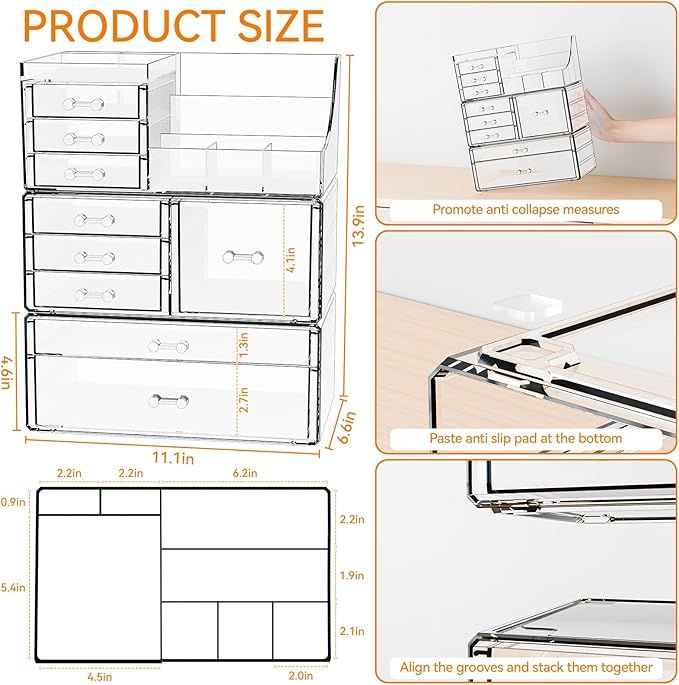 3 Pack Clear Makeup Organizer Countertop for Dresser