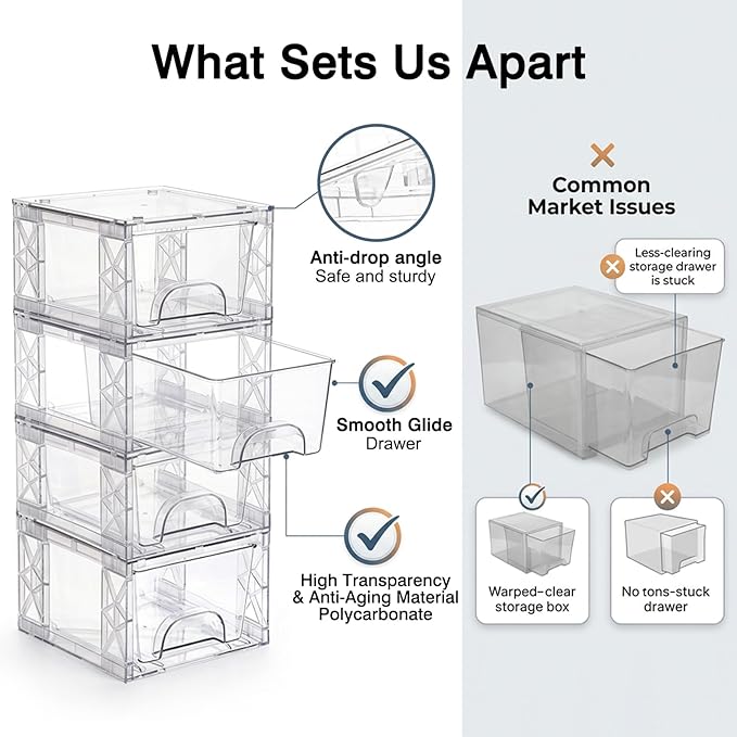 OUTUXED Under Bathroom Sink Organizer Stackable Storage Drawers 4.4in Small Acrylic Medicine Cabinet Bins, Simply Assembled Box Containers for Cosmetics, Bathroom, Kitchen, Snack(4 Pack)