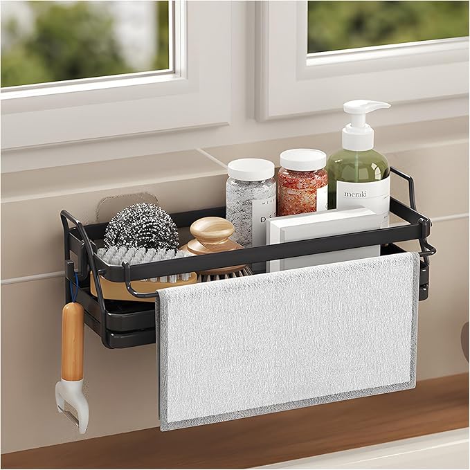LBTING Sponge Holder for Kitchen Sink, Wall Mounted Sink Caddy with Self-Draining Drain Tray, Stainless Steel Kitchen Sink Caddy for Organizing Sponge, Brush, Soap Dish Dispenser – Black