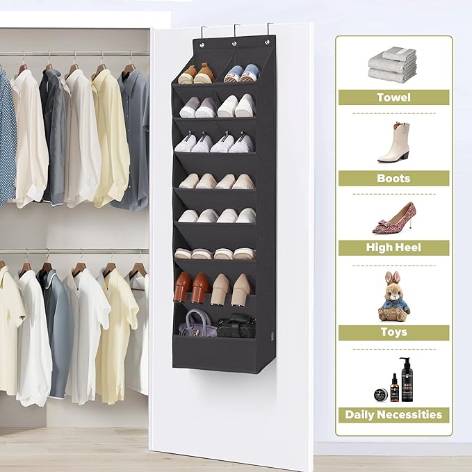 6 Pack Shoe Organizer with 6 Extra Large Pockets and 4 Large Pocket, Over the Door Sturdy Closet Storage Rack, Hanging Shoe Organizer for Shoes, Sneakers, Black