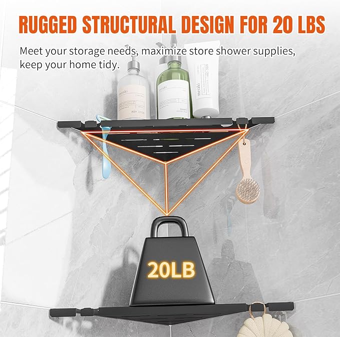 Permanent Grout-in Corner Shower Shelves with Hooks