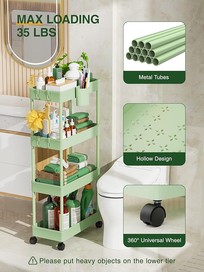 Slim Rolling Storage Cart, 7.1" W+Green