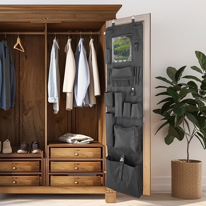 Police Style Hanging Closet Shelf Hanging Work Locker Organizer 53.54 x 12.6 Inches Door Locker Organization with Acrylic Soft Mirror Waterproof 600D Oxford Cloth (Black)