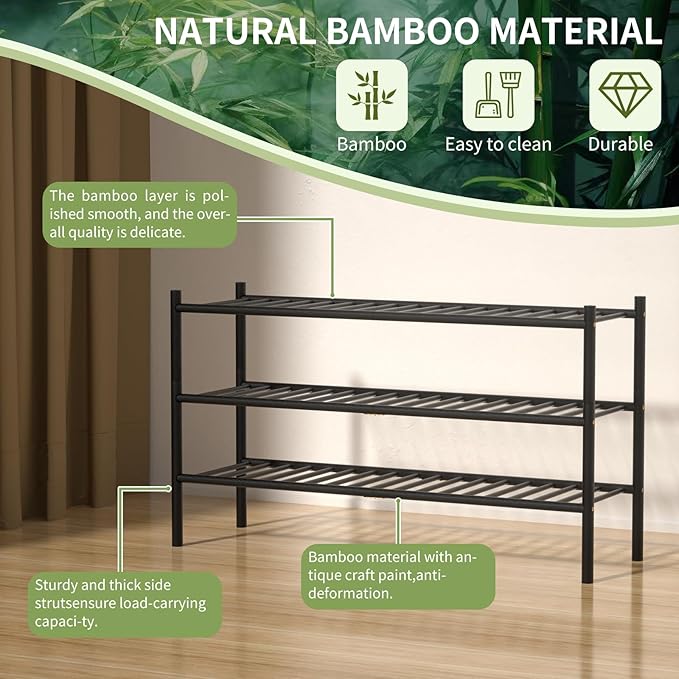 CRAFT 3-Tier Bamboo Long Shoe Rack, Black