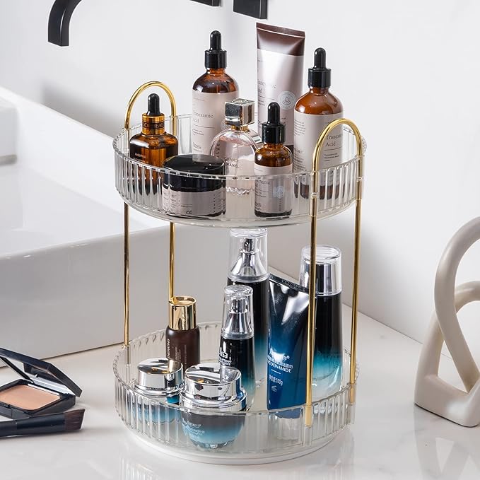 360° Rotating Makeup Organizer, 2 Tiers, Clear