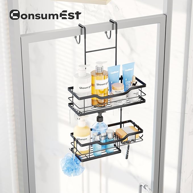 Consumest Over Door Shower Caddy - 2 Tier Shower Shelves Hanging with Soap Holders, Large Capacity Shower Organizer with 4 Hooks, Bathroom Rack and Storage, Black