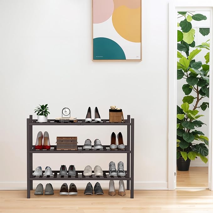Haddockway Large 3 Tier Bamboo Shoe Rack Storage Organizer, Multifunctional Free Standing Stackable Shoe Shelf with Grid Panel for Closet,Hallway,Entryway,Small Space 27"x12"x21"