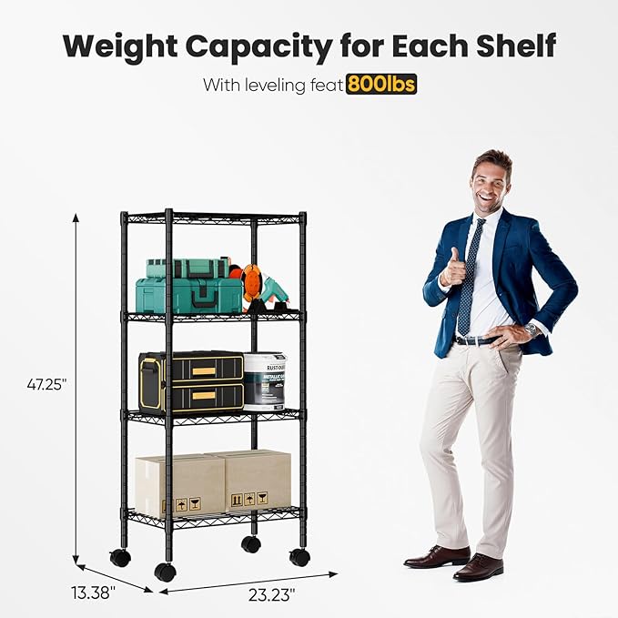 DUMOS 4-Tier Metal Wire Storage Shelves, Adjustable Standing Storage Rack Shelf with Wheels, Heavy Duty Steel Shelving Unit Organizers for Kitchen Bathroom Pantry Garage, 23.2"W×13.4"D×47.1"H, Black