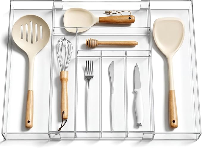 Teenyyou 1 Pack Expandable Kitchen Drawer Organizer Clear Acrylic Utensil Organizer Adjustable Acrylic Silverware Storage for Drawers Silverware Flatware Knives (12 x 16 Inches,6-8 Compartments)