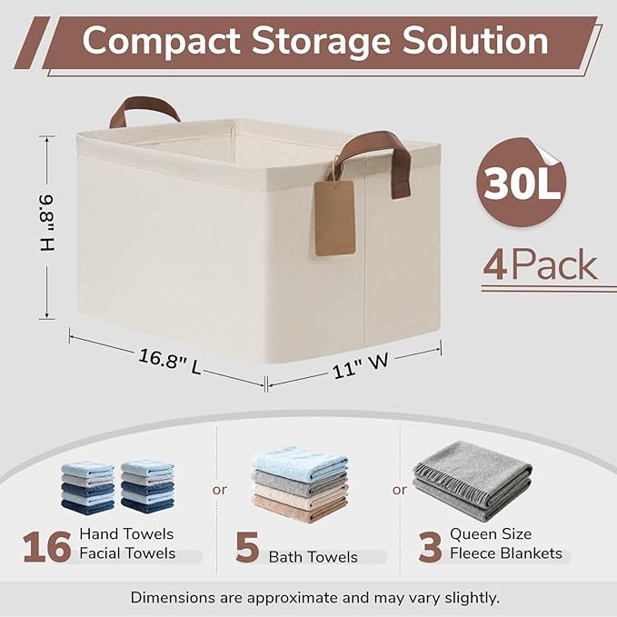 4 Pack Large Storage Baskets for Shelves, Beige